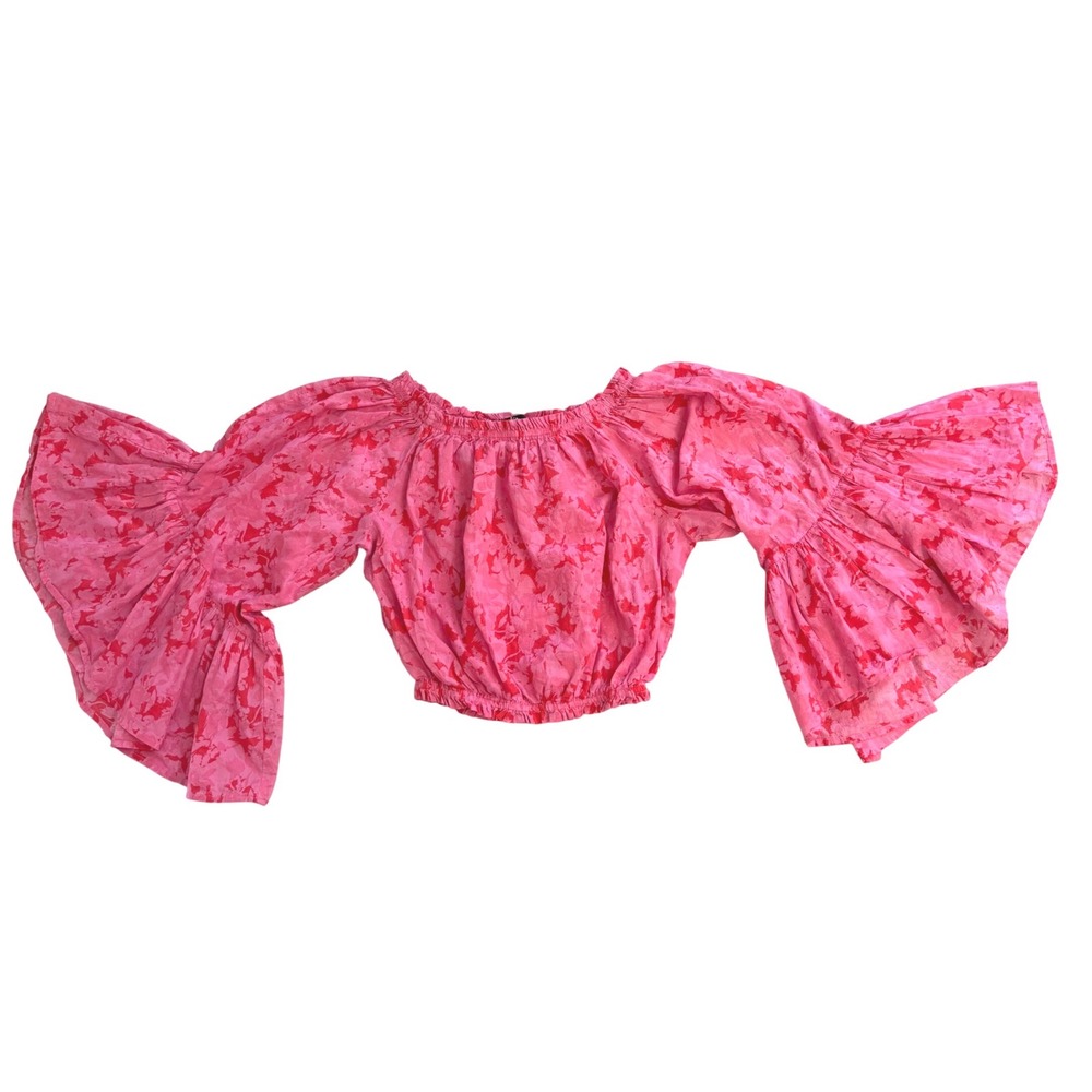 VICI Pink Floral Off Shoulder Bell Sleeve Crop Top XS Boho Ruffle Blouse EUC